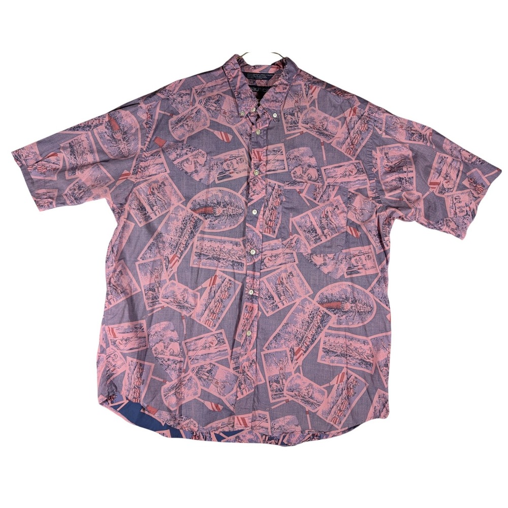 Nautica Mens XL Vintage Pink Purple Rowing Crew Team Print Half Sleeve Button Up